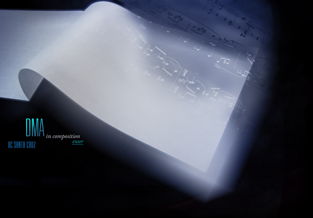 UCSC DMA in Composition. Image of muisc notes floating onto a blank page.