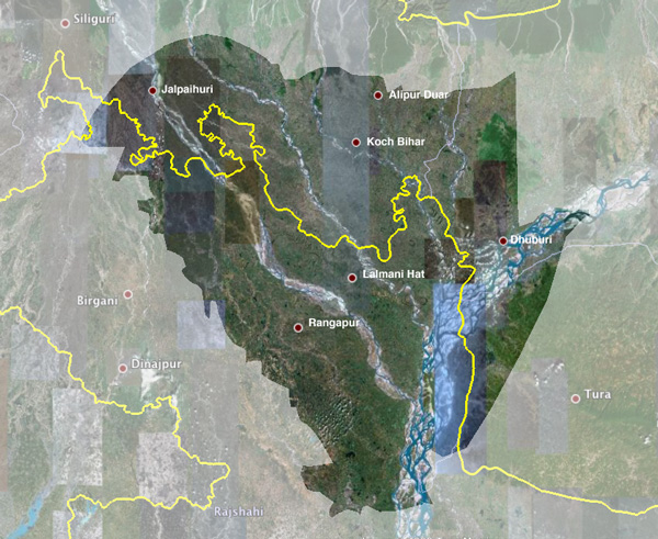 Map of Bangladesh and North-East India showing the geographical distribution of the Vaoaiya a.k.a. Bhawaia folksong